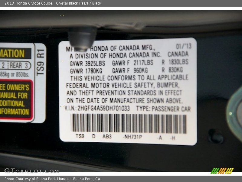2013 Civic Si Coupe Crystal Black Pearl Color Code NH731P