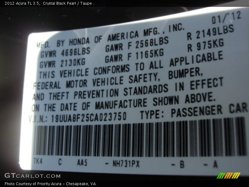 Crystal Black Pearl / Taupe 2012 Acura TL 3.5