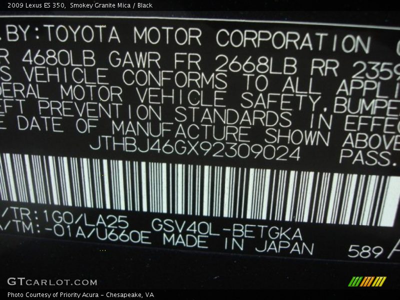 Smokey Granite Mica / Black 2009 Lexus ES 350