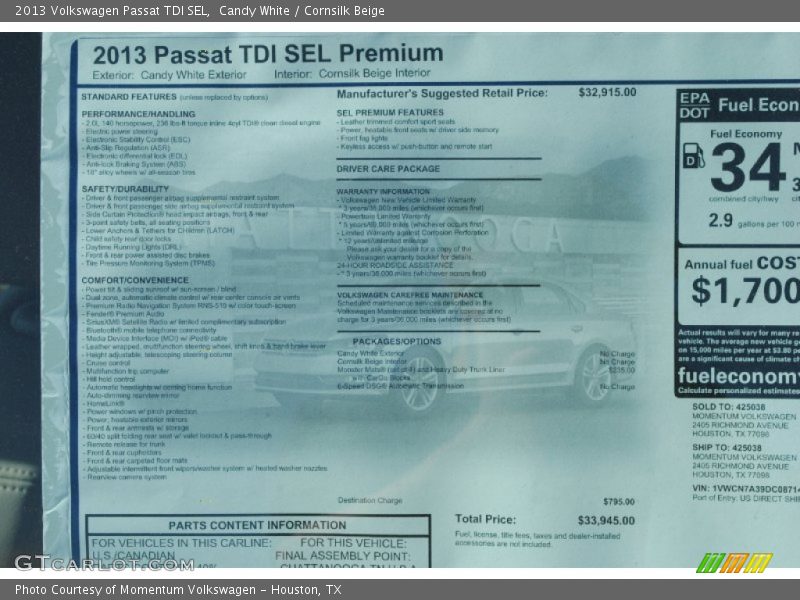 Candy White / Cornsilk Beige 2013 Volkswagen Passat TDI SEL