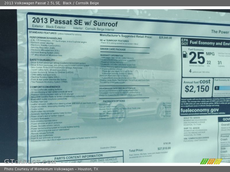 Black / Cornsilk Beige 2013 Volkswagen Passat 2.5L SE