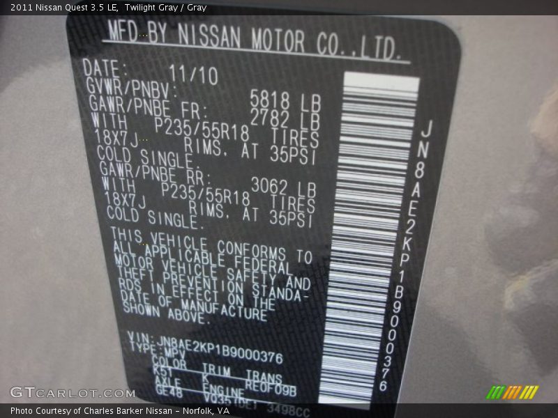 Twilight Gray / Gray 2011 Nissan Quest 3.5 LE