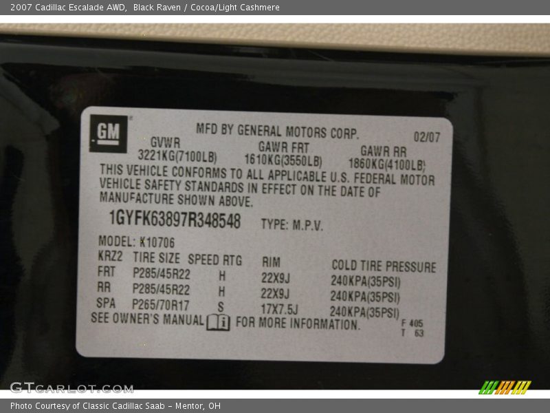 Black Raven / Cocoa/Light Cashmere 2007 Cadillac Escalade AWD