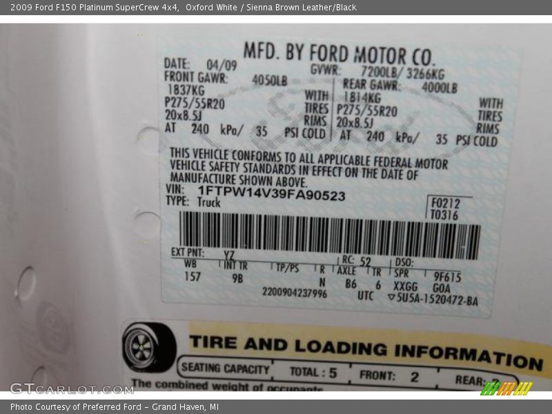 2009 F150 Platinum SuperCrew 4x4 Oxford White Color Code YZ