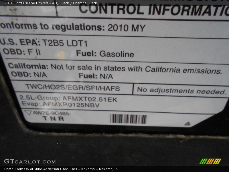 Black / Charcoal Black 2010 Ford Escape Limited 4WD