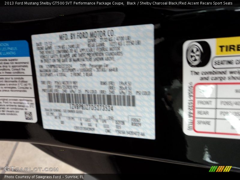 Black / Shelby Charcoal Black/Red Accent Recaro Sport Seats 2013 Ford Mustang Shelby GT500 SVT Performance Package Coupe