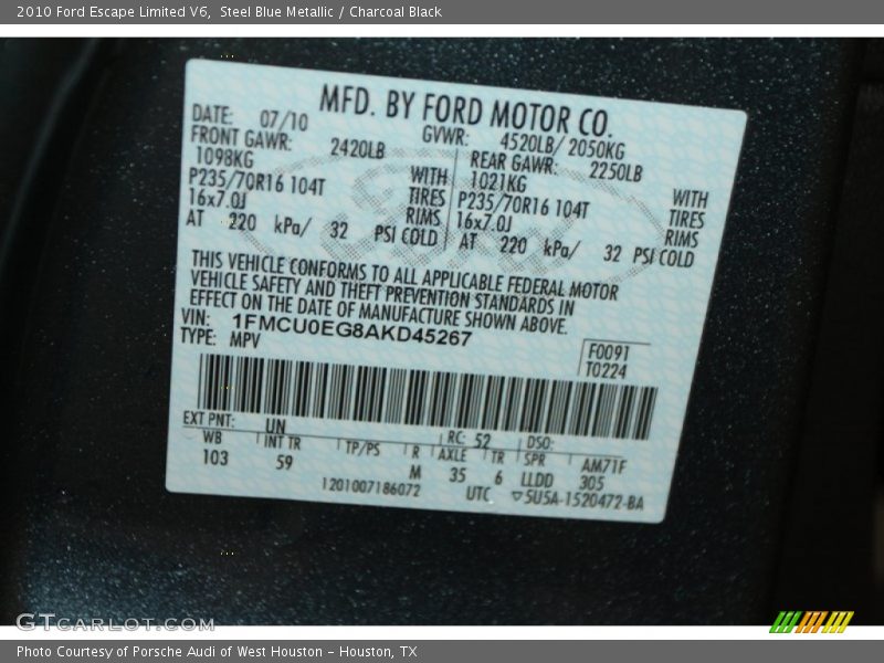 Steel Blue Metallic / Charcoal Black 2010 Ford Escape Limited V6