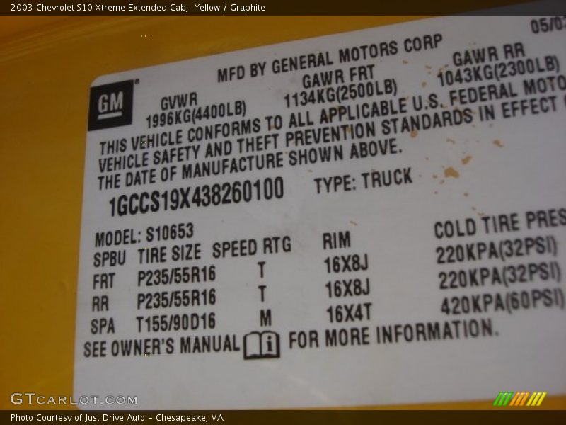 Info Tag of 2003 S10 Xtreme Extended Cab