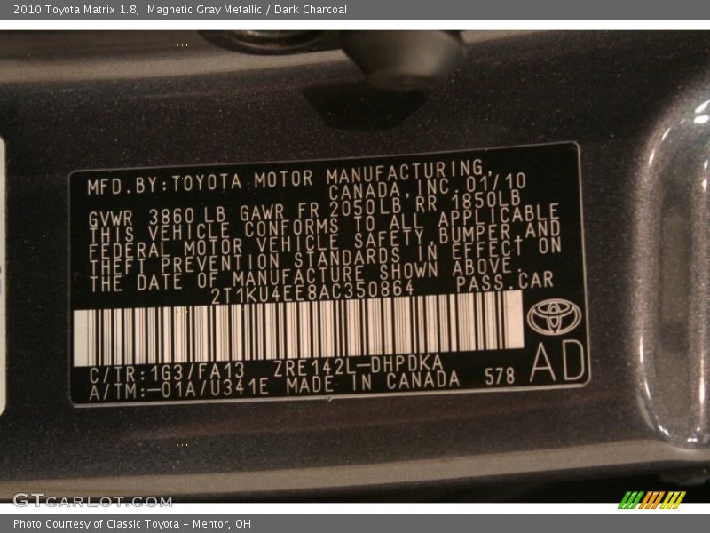 Magnetic Gray Metallic / Dark Charcoal 2010 Toyota Matrix 1.8