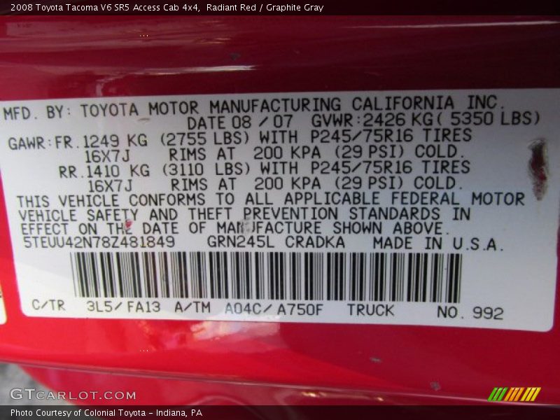 Radiant Red / Graphite Gray 2008 Toyota Tacoma V6 SR5 Access Cab 4x4