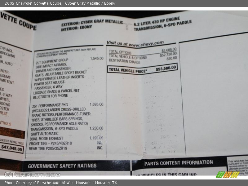  2009 Corvette Coupe Window Sticker