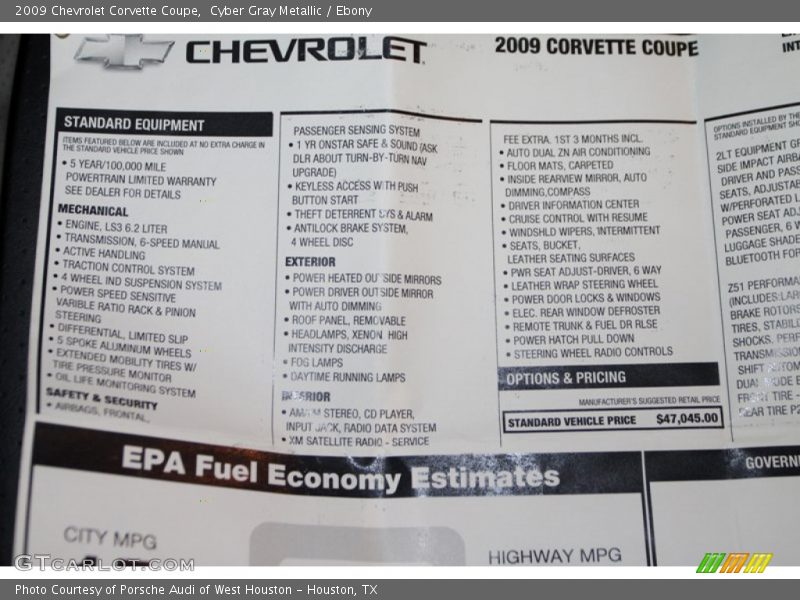  2009 Corvette Coupe Window Sticker