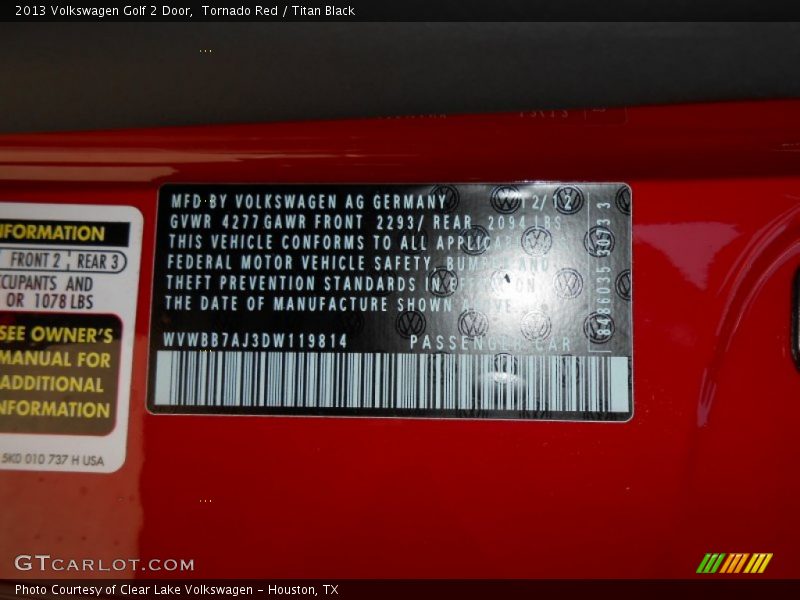 Tornado Red / Titan Black 2013 Volkswagen Golf 2 Door