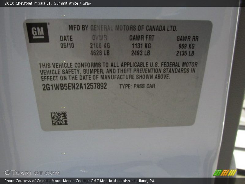 Summit White / Gray 2010 Chevrolet Impala LT