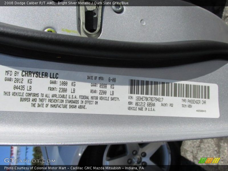 Bright Silver Metallic / Dark Slate Gray/Blue 2008 Dodge Caliber R/T AWD