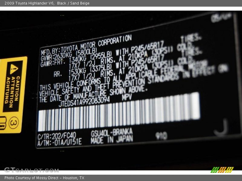 Black / Sand Beige 2009 Toyota Highlander V6