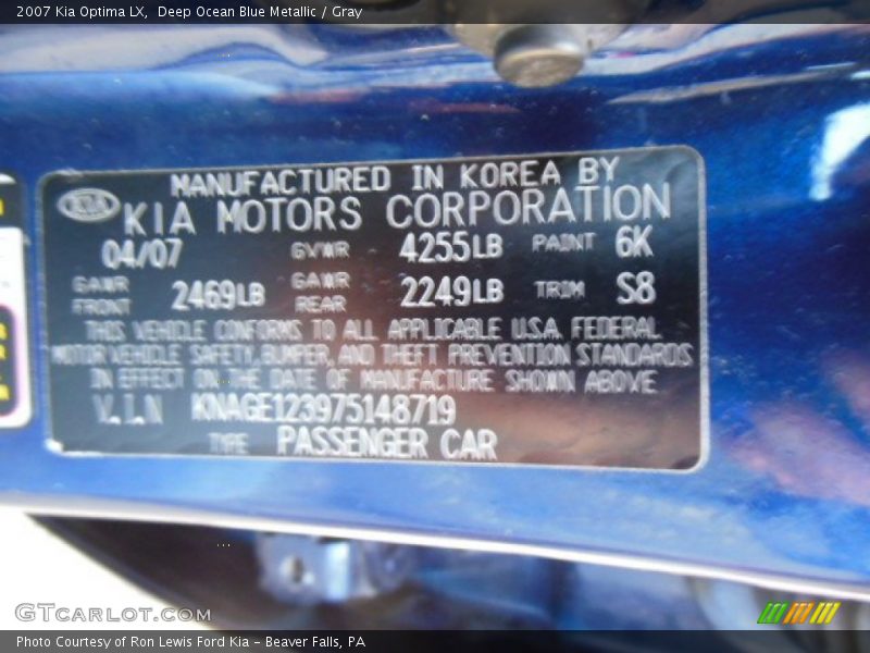 Deep Ocean Blue Metallic / Gray 2007 Kia Optima LX