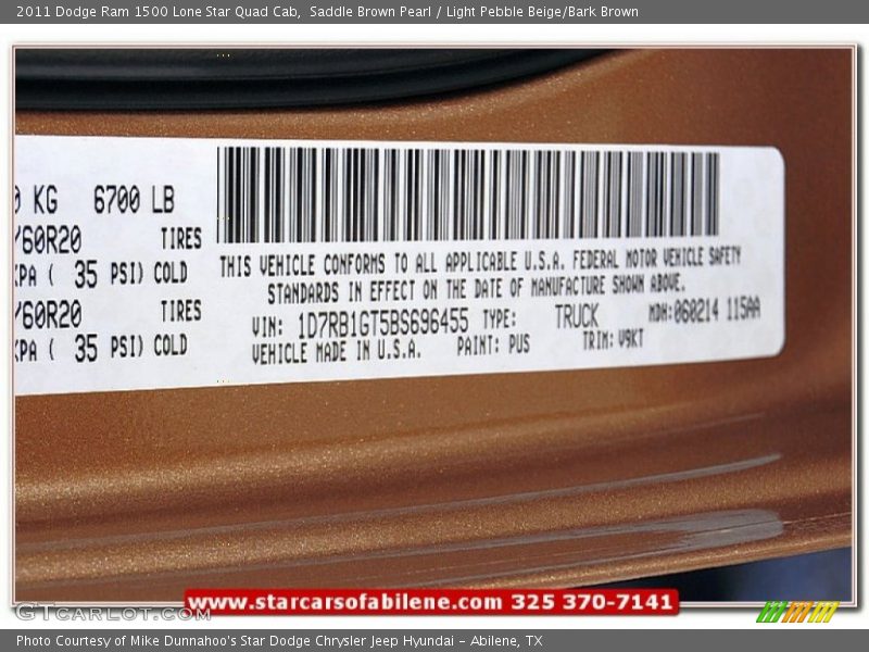 Saddle Brown Pearl / Light Pebble Beige/Bark Brown 2011 Dodge Ram 1500 Lone Star Quad Cab