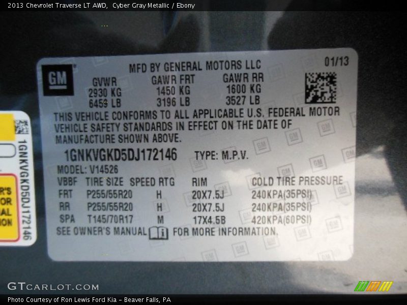 Cyber Gray Metallic / Ebony 2013 Chevrolet Traverse LT AWD