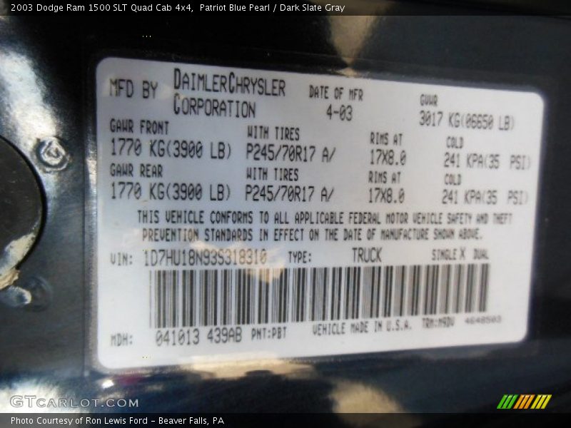 Patriot Blue Pearl / Dark Slate Gray 2003 Dodge Ram 1500 SLT Quad Cab 4x4