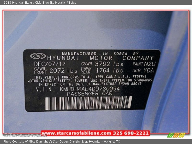 Blue Sky Metallic / Beige 2013 Hyundai Elantra GLS