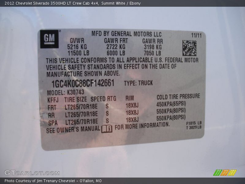 Summit White / Ebony 2012 Chevrolet Silverado 3500HD LT Crew Cab 4x4
