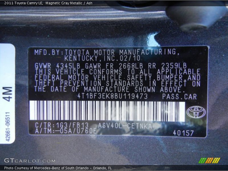 Magnetic Gray Metallic / Ash 2011 Toyota Camry LE