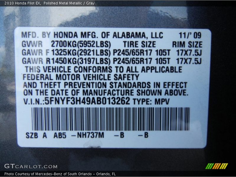 Polished Metal Metallic / Gray 2010 Honda Pilot EX