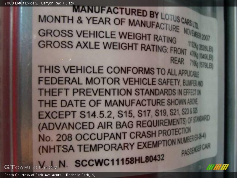 Info Tag of 2008 Exige S