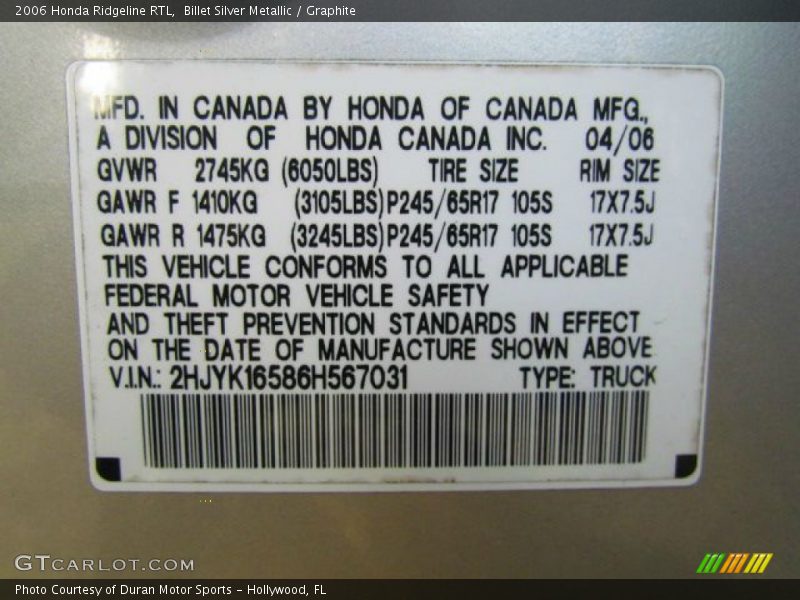 Billet Silver Metallic / Graphite 2006 Honda Ridgeline RTL