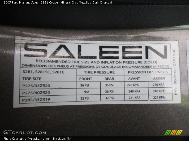 Saleen Wheel Tire size and inflation - 2005 Ford Mustang Saleen S281 Coupe