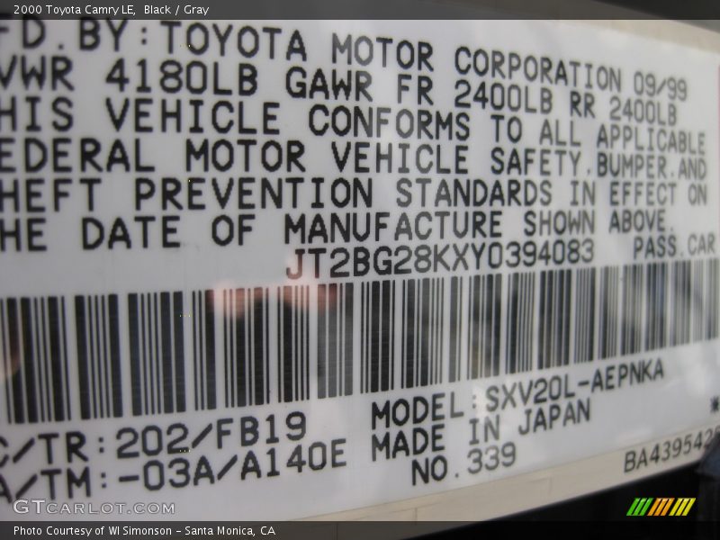 Black / Gray 2000 Toyota Camry LE