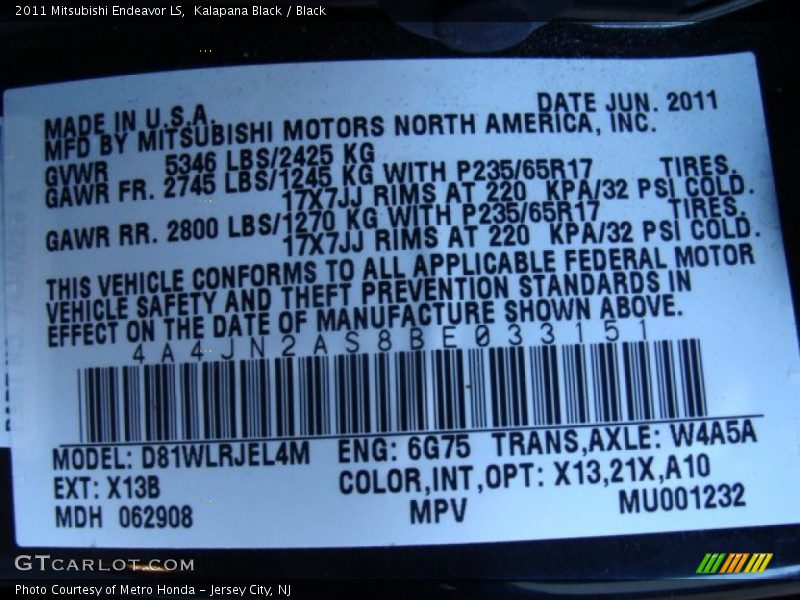 Kalapana Black / Black 2011 Mitsubishi Endeavor LS
