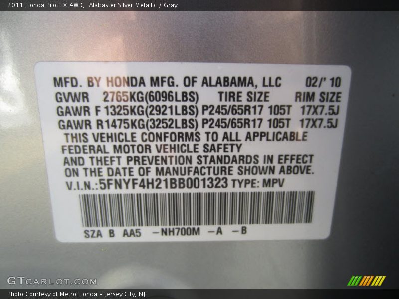 Alabaster Silver Metallic / Gray 2011 Honda Pilot LX 4WD