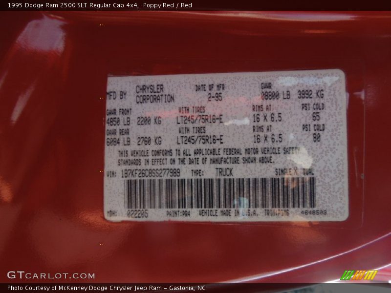 1995 Ram 2500 SLT Regular Cab 4x4 Poppy Red Color Code PR4