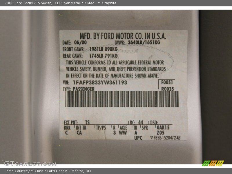 2000 Focus ZTS Sedan CD Silver Metallic Color Code TS