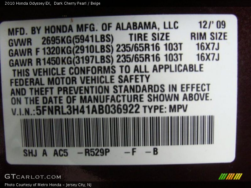 Dark Cherry Pearl / Beige 2010 Honda Odyssey EX