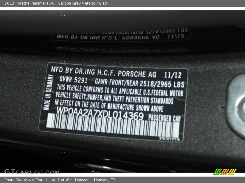 Carbon Grey Metallic / Black 2013 Porsche Panamera V6