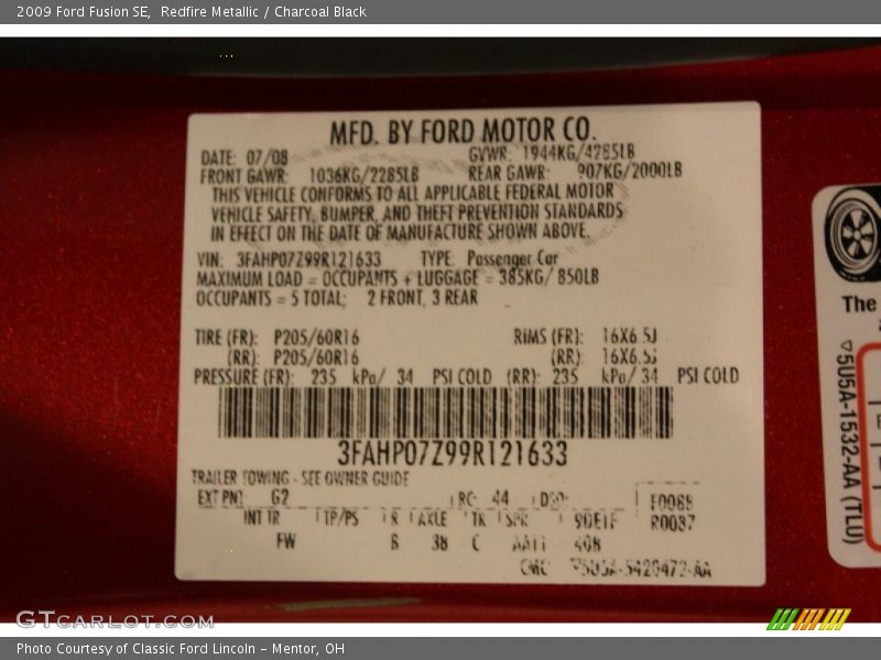 Redfire Metallic / Charcoal Black 2009 Ford Fusion SE