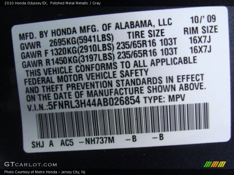 Polished Metal Metallic / Gray 2010 Honda Odyssey EX