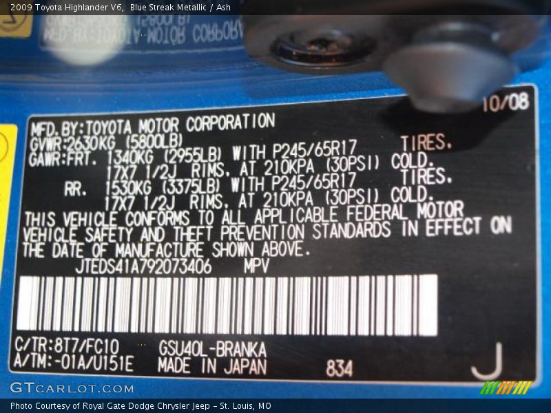 2009 Highlander V6 Blue Streak Metallic Color Code 8T7