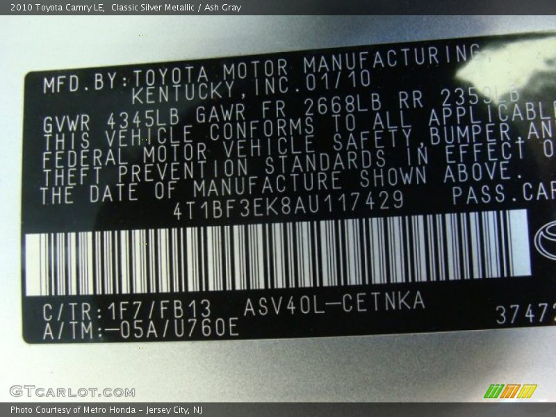 Classic Silver Metallic / Ash Gray 2010 Toyota Camry LE