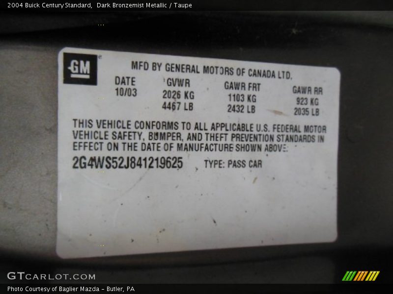 Dark Bronzemist Metallic / Taupe 2004 Buick Century Standard