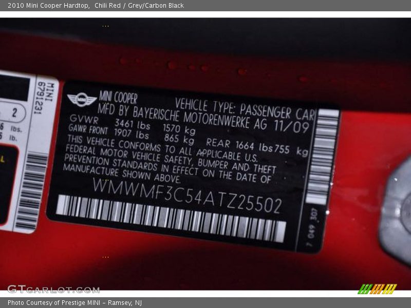 Chili Red / Grey/Carbon Black 2010 Mini Cooper Hardtop