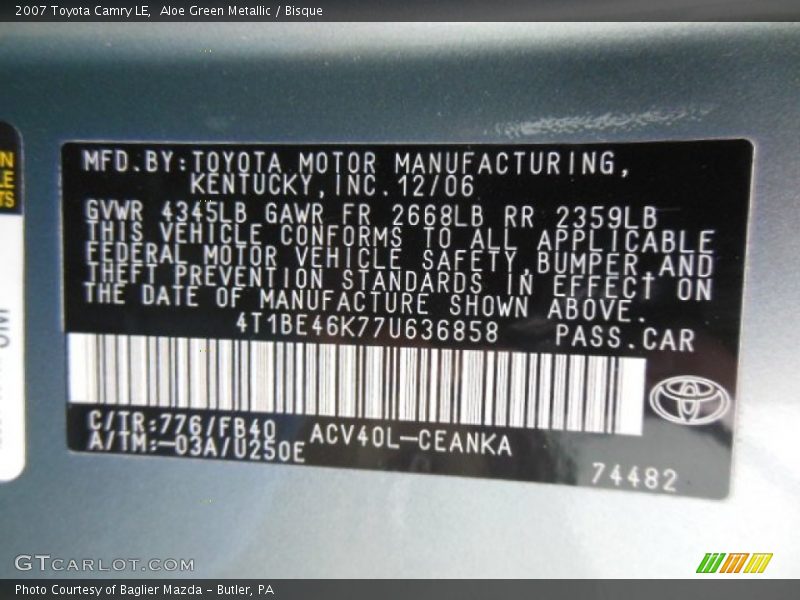 2007 Camry LE Aloe Green Metallic Color Code 776