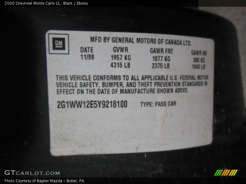 Black / Ebony 2000 Chevrolet Monte Carlo LS