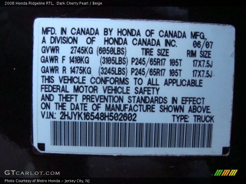 Dark Cherry Pearl / Beige 2008 Honda Ridgeline RTL