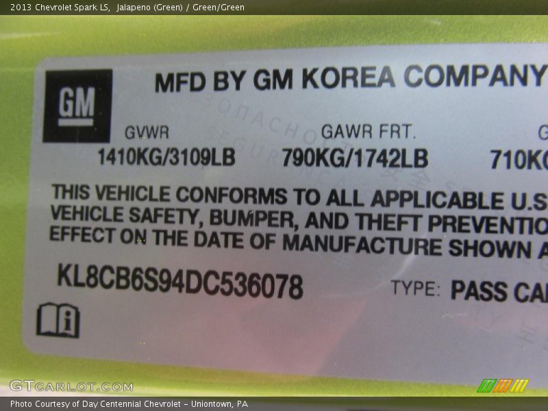 Jalapeno (Green) / Green/Green 2013 Chevrolet Spark LS