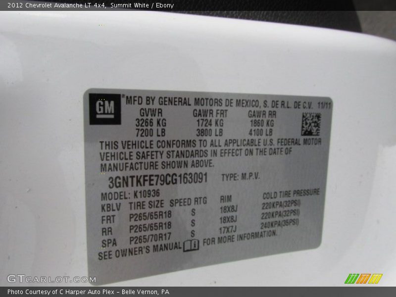 Summit White / Ebony 2012 Chevrolet Avalanche LT 4x4
