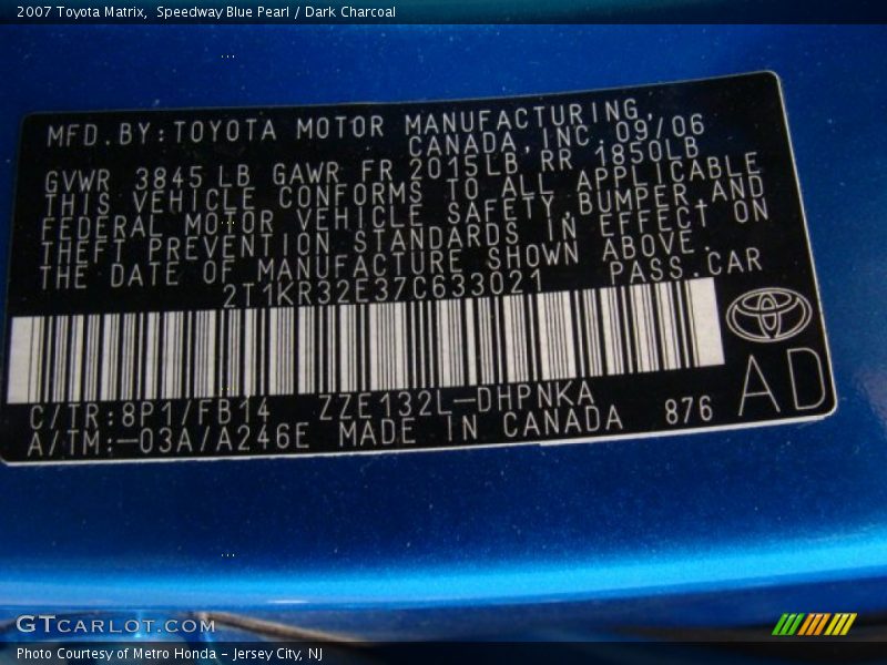 2007 Matrix  Speedway Blue Pearl Color Code 8P1